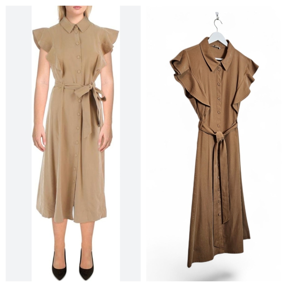 Calvin Klein Brown Belted Midi Shirt Dress Size 16 Flutter Sleeve Flowy